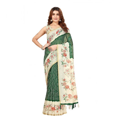 Generic Women's Chanderi Floral Printed Saree With Unstitched Blouse 5.5Mtr (Green)