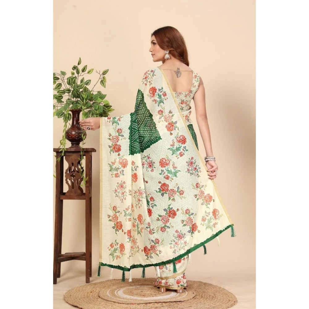 Generic Women's Chanderi Floral Printed Saree With Unstitched Blouse 5.5Mtr (Green)