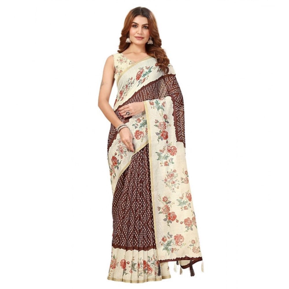 Generic Women's Chanderi Floral Printed Saree With Unstitched Blouse 5.5Mtr (Maroon)