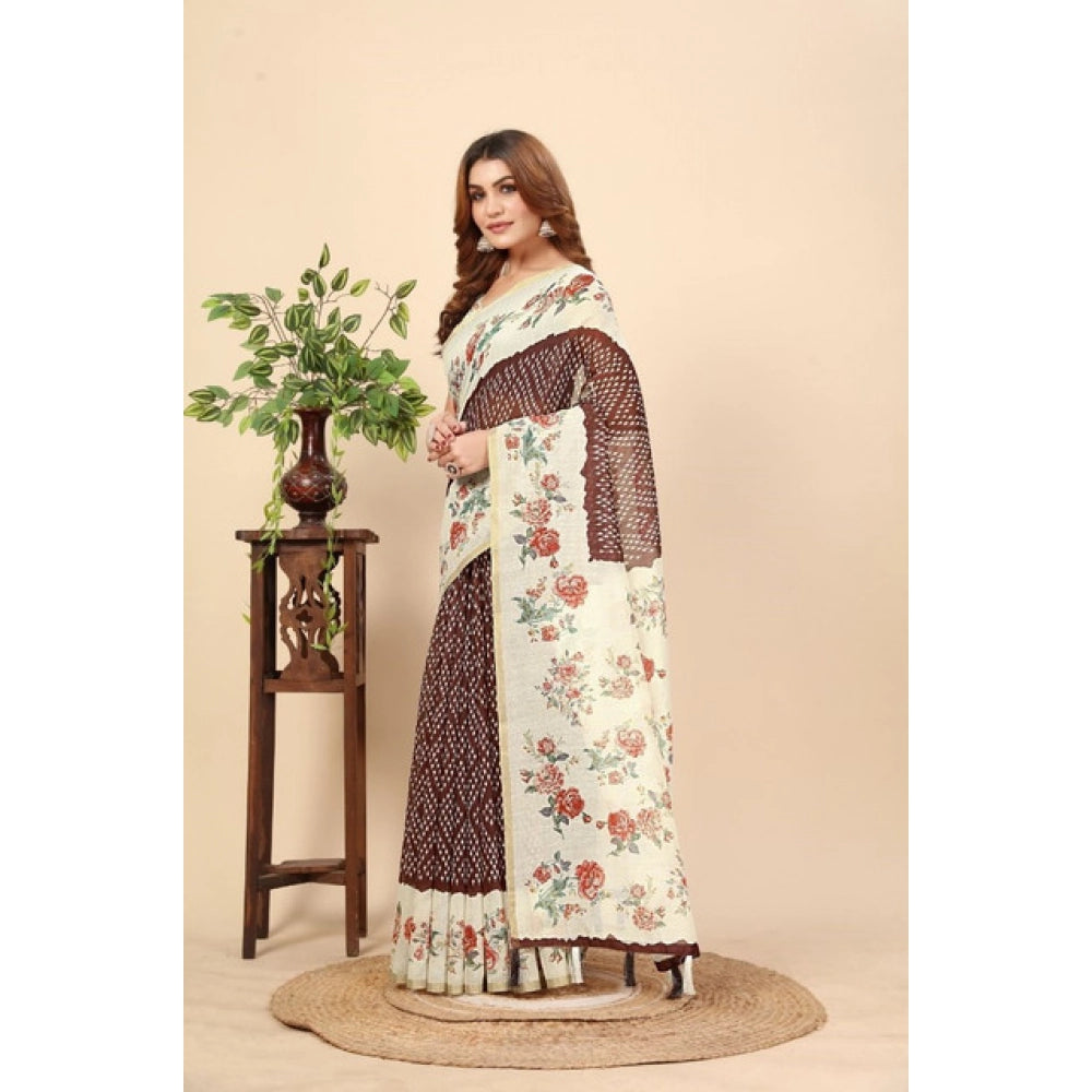 Generic Women's Chanderi Floral Printed Saree With Unstitched Blouse 5.5Mtr (Maroon)