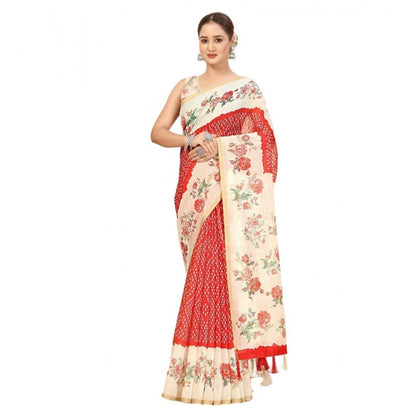 Generic Women's Chanderi Floral Printed Saree With Unstitched Blouse 5.5Mtr (Red)
