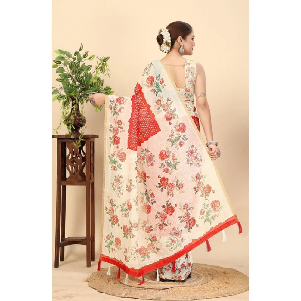 Generic Women's Chanderi Floral Printed Saree With Unstitched Blouse 5.5Mtr (Red)