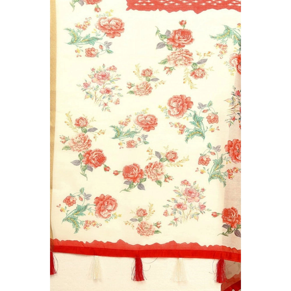 Generic Women's Chanderi Floral Printed Saree With Unstitched Blouse 5.5Mtr (Red)