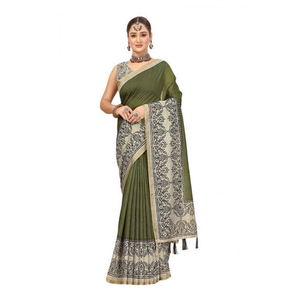 Generic Women's Chanderi Printed Saree With Unstitched Blouse 5.5Mtr (Green)