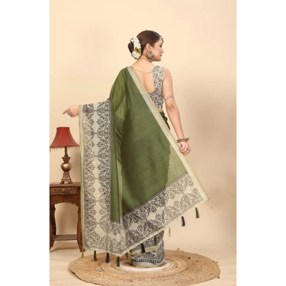 Generic Women's Chanderi Printed Saree With Unstitched Blouse 5.5Mtr (Green)