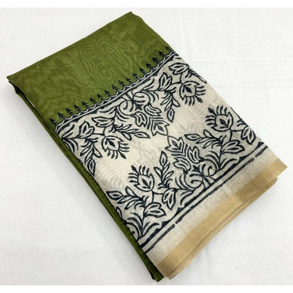 Generic Women's Chanderi Printed Saree With Unstitched Blouse 5.5Mtr (Green)