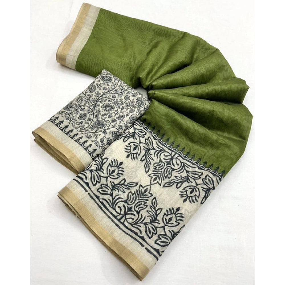 Generic Women's Chanderi Printed Saree With Unstitched Blouse 5.5Mtr (Green)