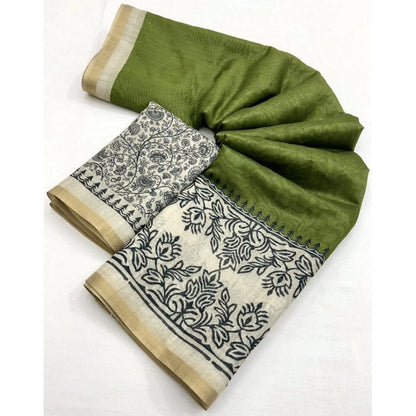 Generic Women's Chanderi Printed Saree With Unstitched Blouse 5.5Mtr (Green)