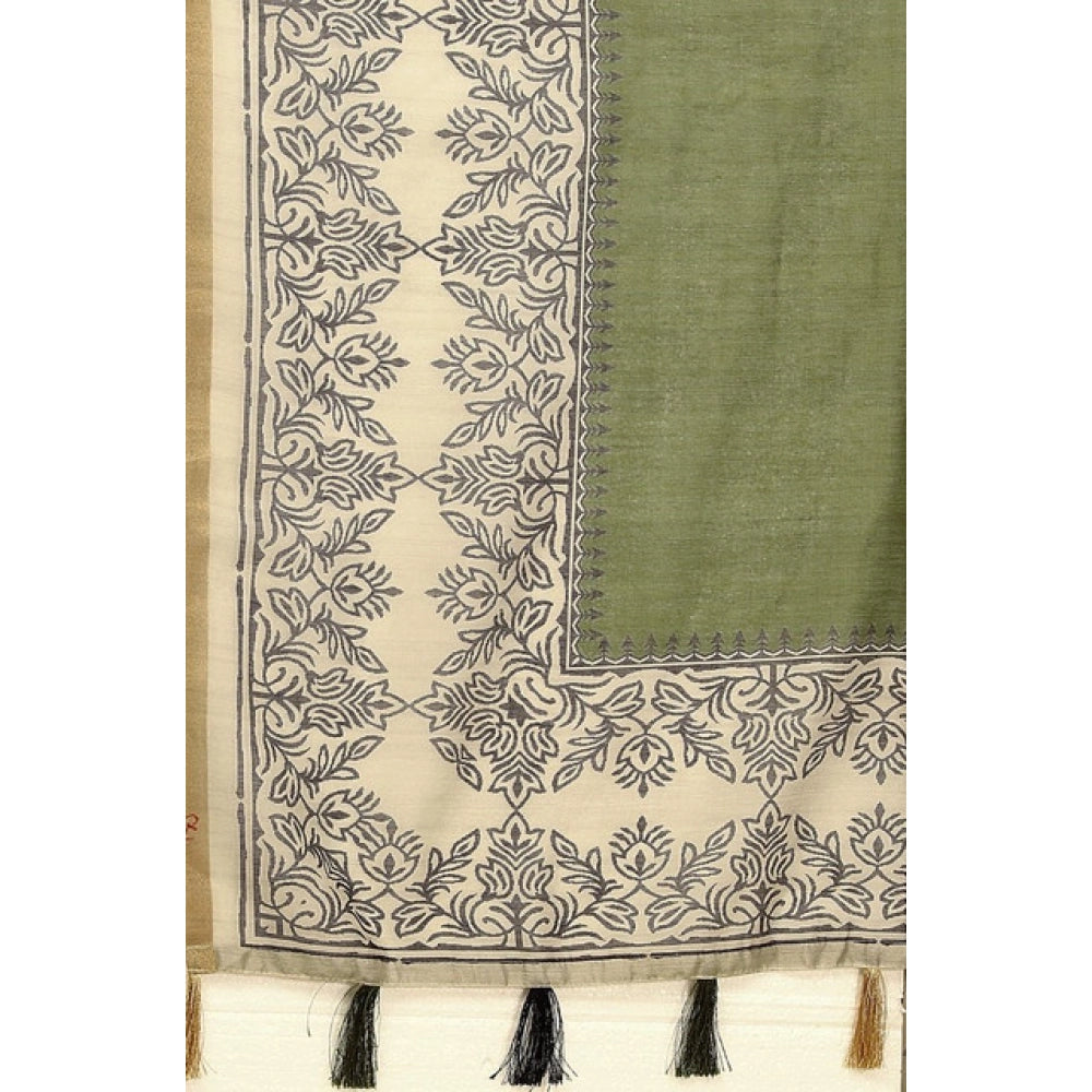 Generic Women's Chanderi Printed Saree With Unstitched Blouse 5.5Mtr (Green)