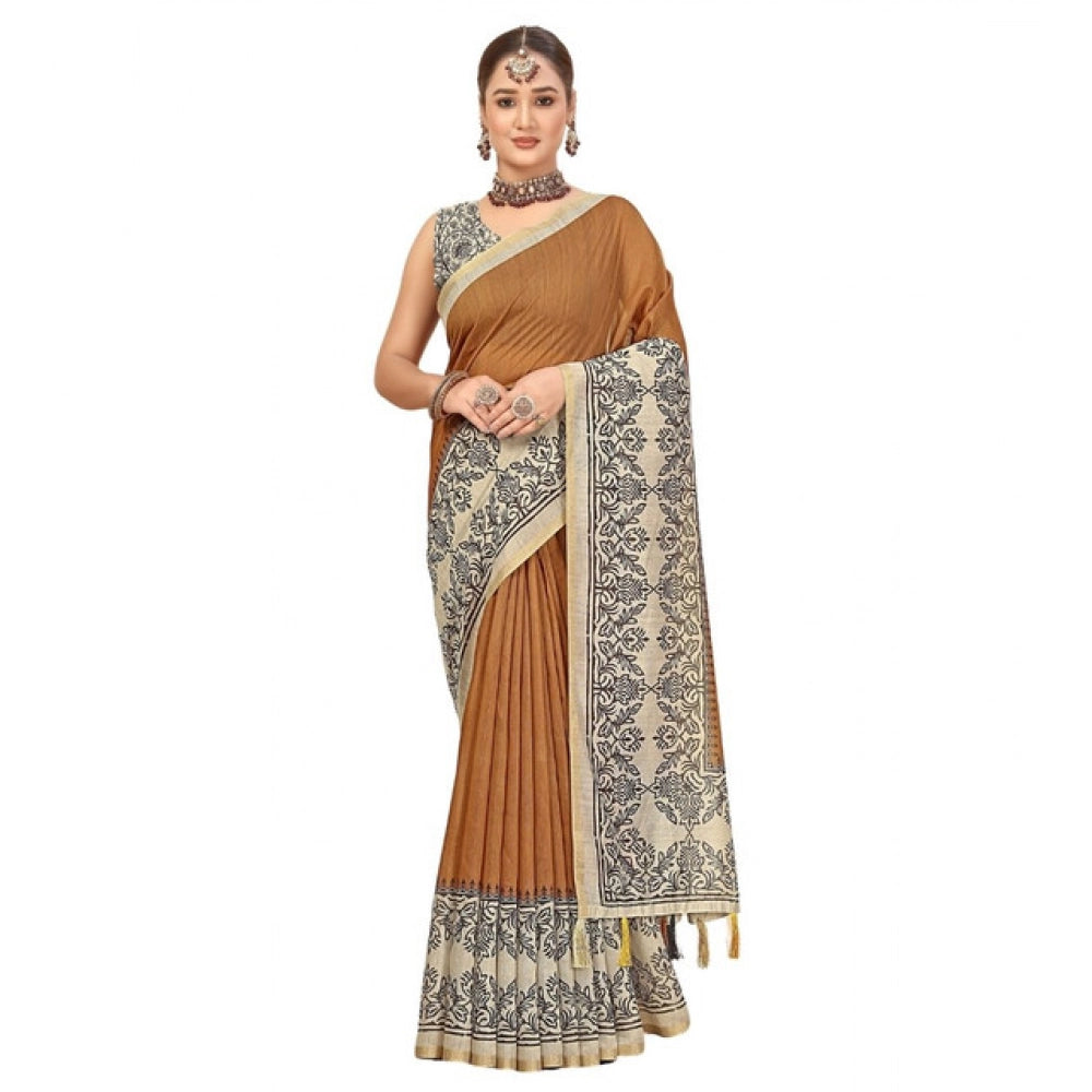 Generic Women's Chanderi Printed Saree With Unstitched Blouse 5.5Mtr (Brown)