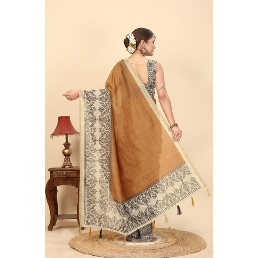 Generic Women's Chanderi Printed Saree With Unstitched Blouse 5.5Mtr (Brown)