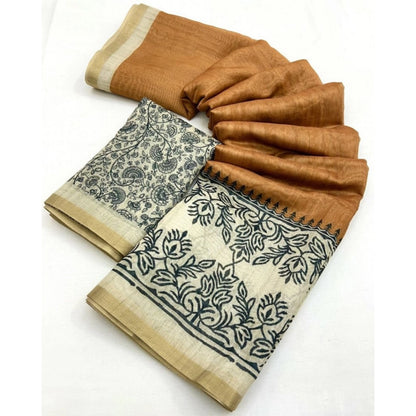 Generic Women's Chanderi Printed Saree With Unstitched Blouse 5.5Mtr (Brown)