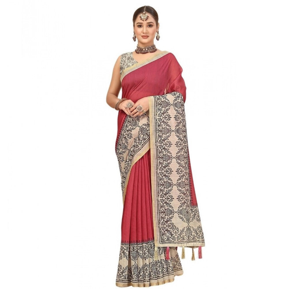 Generic Women's Chanderi Printed Saree With Unstitched Blouse 5.5Mtr (Pink)