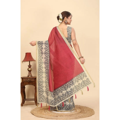 Generic Women's Chanderi Printed Saree With Unstitched Blouse 5.5Mtr (Pink)