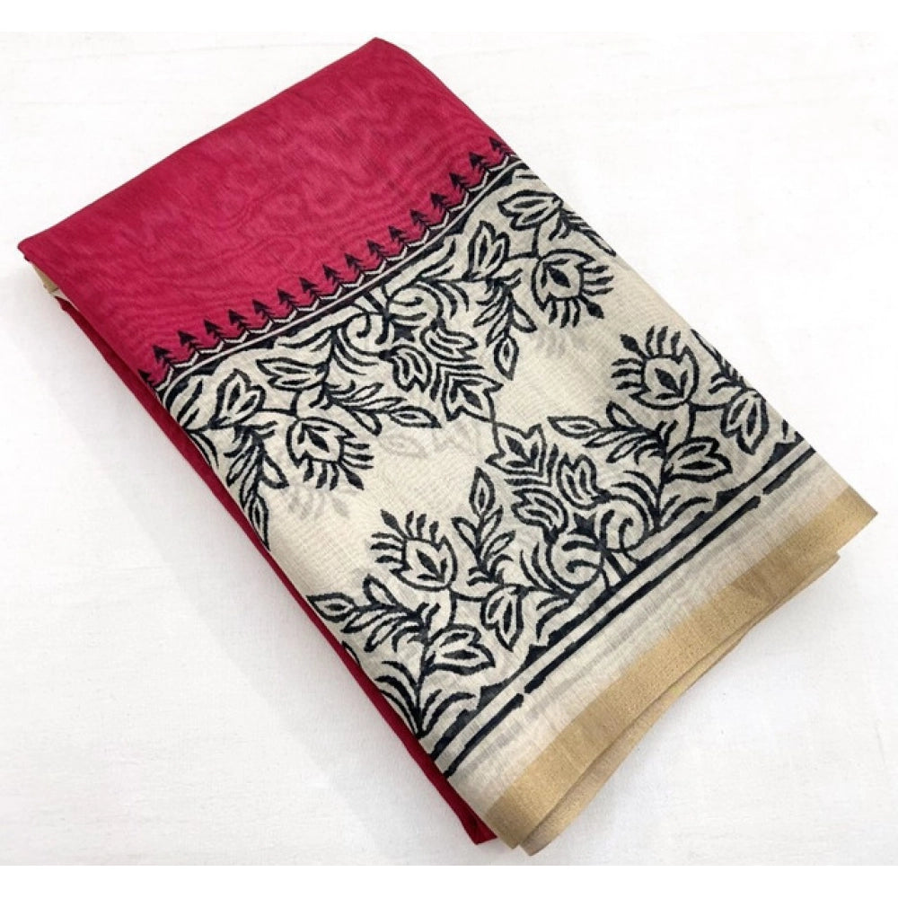 Generic Women's Chanderi Printed Saree With Unstitched Blouse 5.5Mtr (Pink)