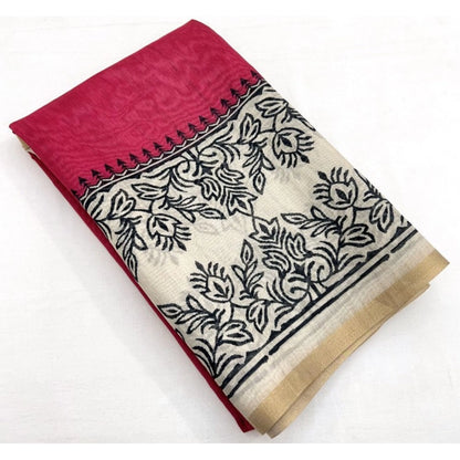 Generic Women's Chanderi Printed Saree With Unstitched Blouse 5.5Mtr (Pink)