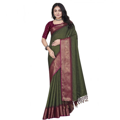 Generic Women's Cotton Blend Checkered Saree With Unstitched Blouse 5.5Mtr (Green)
