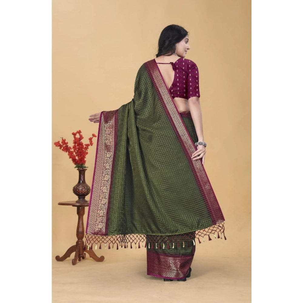 Generic Women's Cotton Blend Checkered Saree With Unstitched Blouse 5.5Mtr (Green)