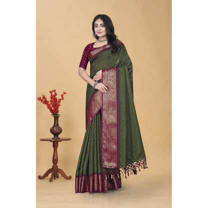 Generic Women's Cotton Blend Checkered Saree With Unstitched Blouse 5.5Mtr (Green)