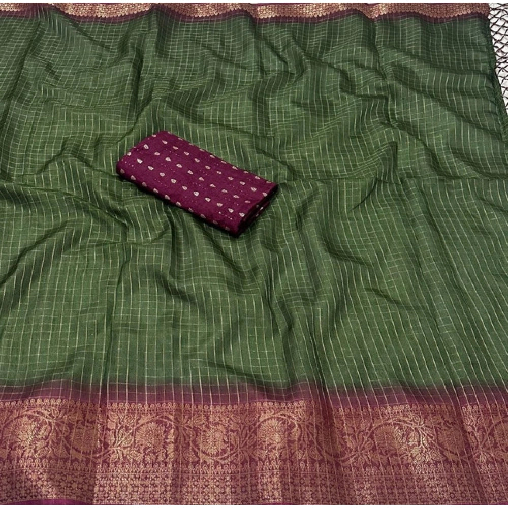 Generic Women's Cotton Blend Checkered Saree With Unstitched Blouse 5.5Mtr (Green)