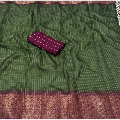 Generic Women's Cotton Blend Checkered Saree With Unstitched Blouse 5.5Mtr (Green)