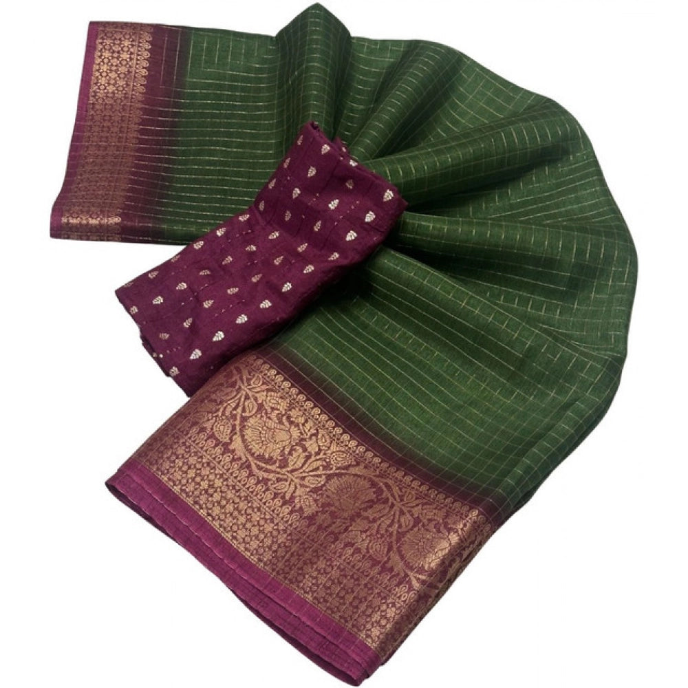 Generic Women's Cotton Blend Checkered Saree With Unstitched Blouse 5.5Mtr (Green)