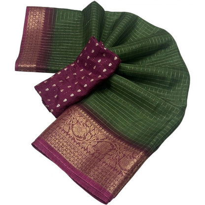 Generic Women's Cotton Blend Checkered Saree With Unstitched Blouse 5.5Mtr (Green)