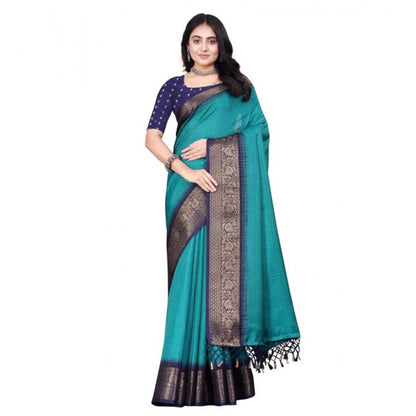 Generic Women's Cotton Blend Checkered Saree With Unstitched Blouse 5.5Mtr (Teal Green)