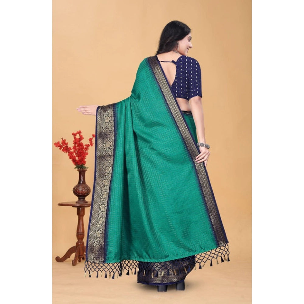 Generic Women's Cotton Blend Checkered Saree With Unstitched Blouse 5.5Mtr (Teal Green)