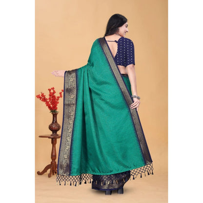 Generic Women's Cotton Blend Checkered Saree With Unstitched Blouse 5.5Mtr (Teal Green)