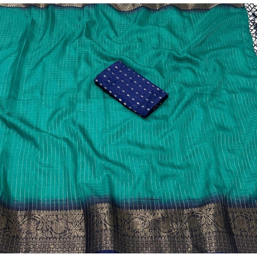 Generic Women's Cotton Blend Checkered Saree With Unstitched Blouse 5.5Mtr (Teal Green)