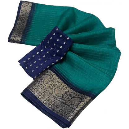 Generic Women's Cotton Blend Checkered Saree With Unstitched Blouse 5.5Mtr (Teal Green)