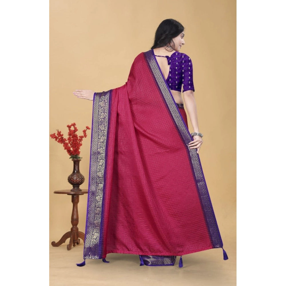 Generic Women's Cotton Blend Checkered Saree With Unstitched Blouse 5.5Mtr (Pink)