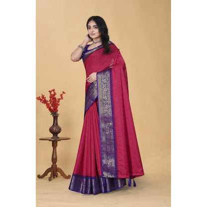 Generic Women's Cotton Blend Checkered Saree With Unstitched Blouse 5.5Mtr (Pink)