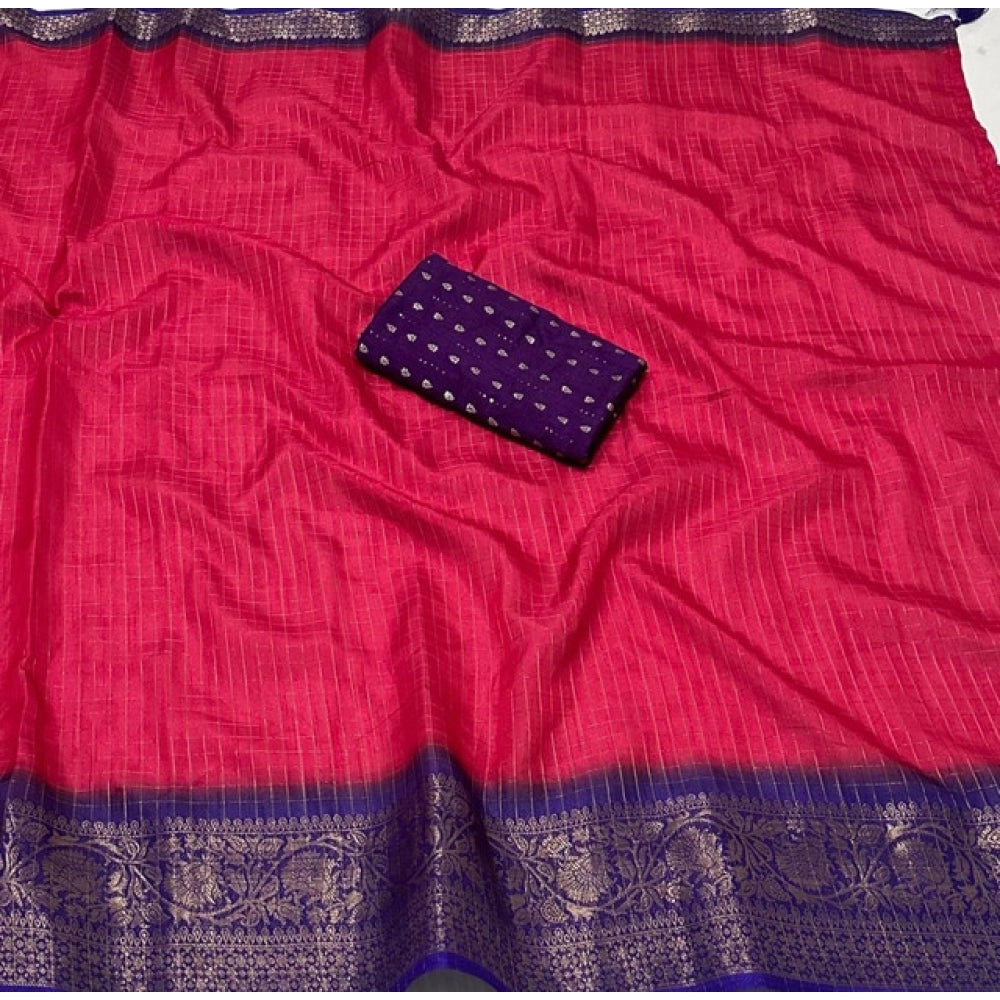 Generic Women's Cotton Blend Checkered Saree With Unstitched Blouse 5.5Mtr (Pink)