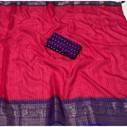 Generic Women's Cotton Blend Checkered Saree With Unstitched Blouse 5.5Mtr (Pink)