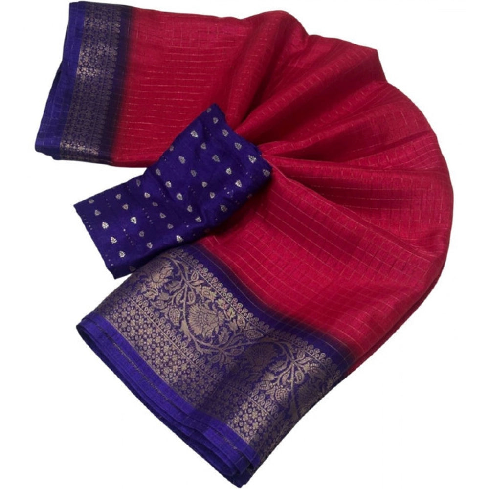Generic Women's Cotton Blend Checkered Saree With Unstitched Blouse 5.5Mtr (Pink)