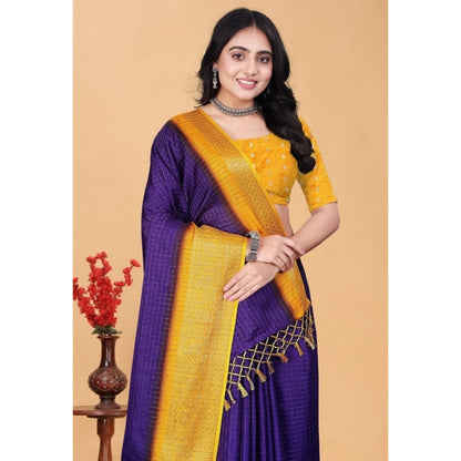 Generic Women's Cotton Blend Checkered Saree With Unstitched Blouse 5.5Mtr (Royal Blue)