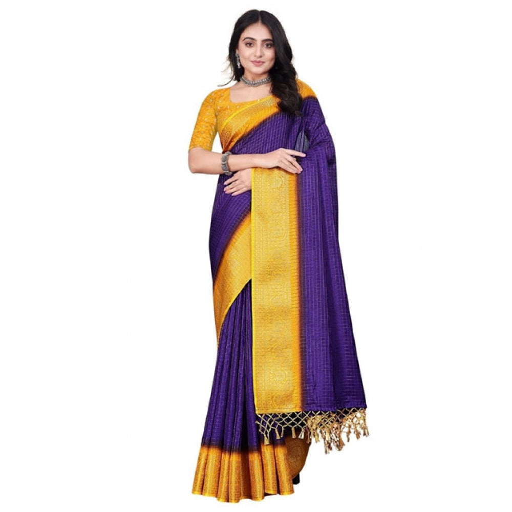 Generic Women's Cotton Blend Checkered Saree With Unstitched Blouse 5.5Mtr (Royal Blue)