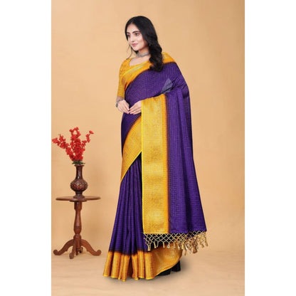Generic Women's Cotton Blend Checkered Saree With Unstitched Blouse 5.5Mtr (Royal Blue)