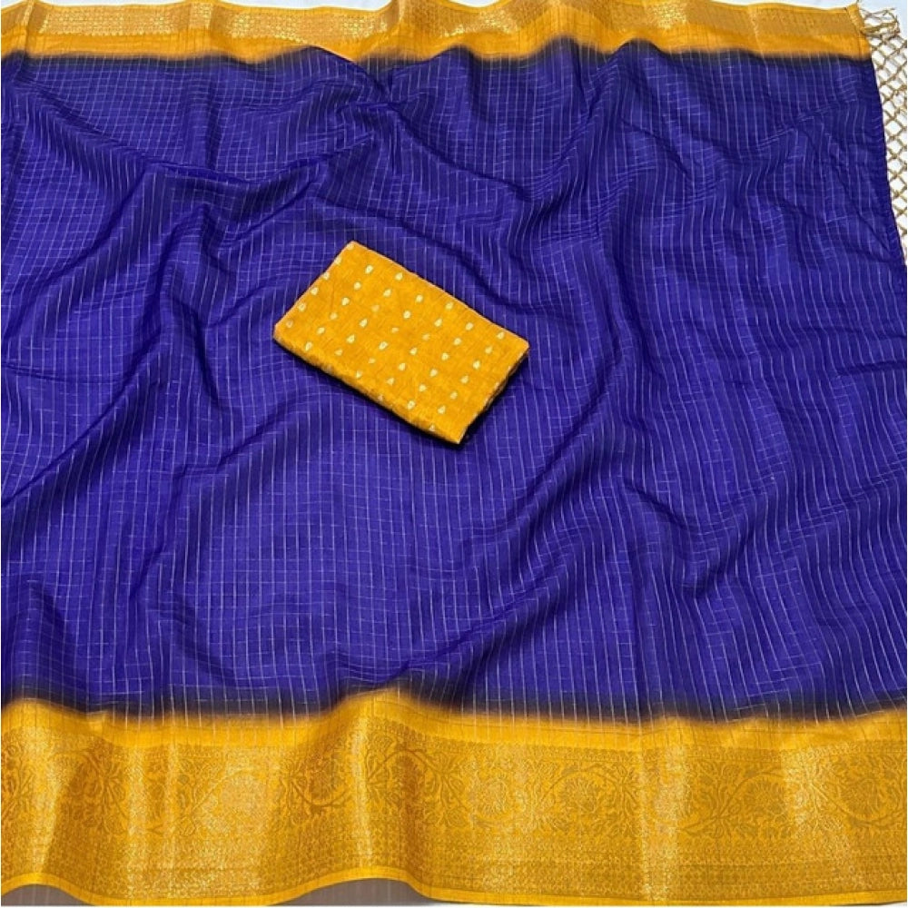 Generic Women's Cotton Blend Checkered Saree With Unstitched Blouse 5.5Mtr (Royal Blue)