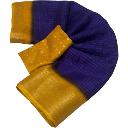 Generic Women's Cotton Blend Checkered Saree With Unstitched Blouse 5.5Mtr (Royal Blue)