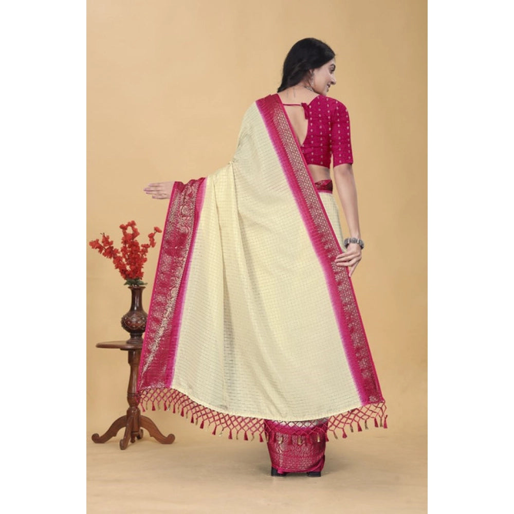 Generic Women's Cotton Blend Checkered Saree With Unstitched Blouse 5.5Mtr (Multicolor)