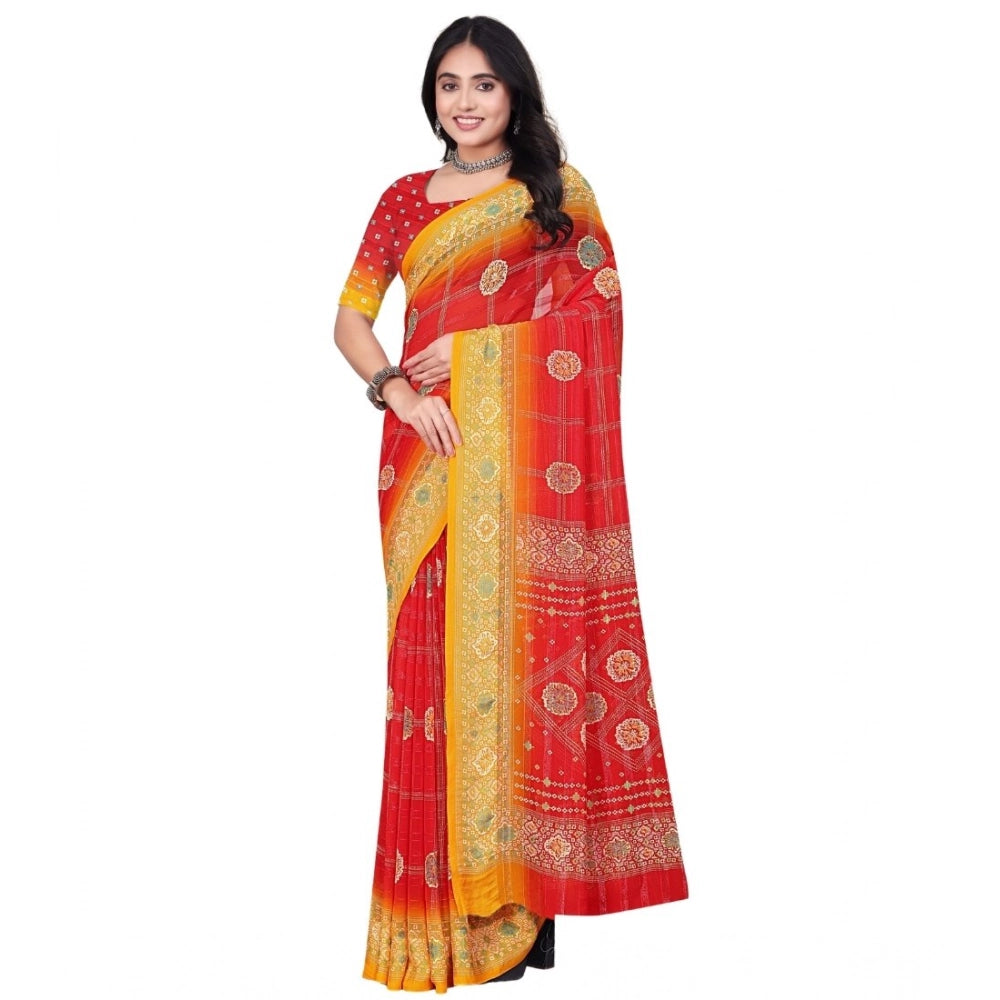 Generic Women's Art Silk Printed Saree With Unstitched Blouse 5.5Mtr (Red)