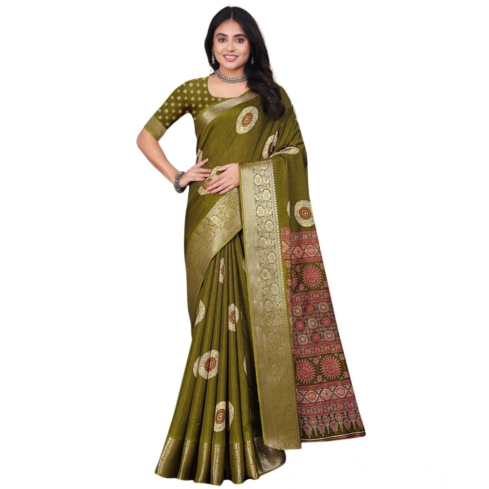 Generic Women's Art Silk Printed Saree With Unstitched Blouse 5.5Mtr (Mehendi)