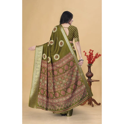 Generic Women's Art Silk Printed Saree With Unstitched Blouse 5.5Mtr (Mehendi)