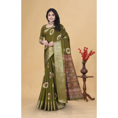 Generic Women's Art Silk Printed Saree With Unstitched Blouse 5.5Mtr (Mehendi)