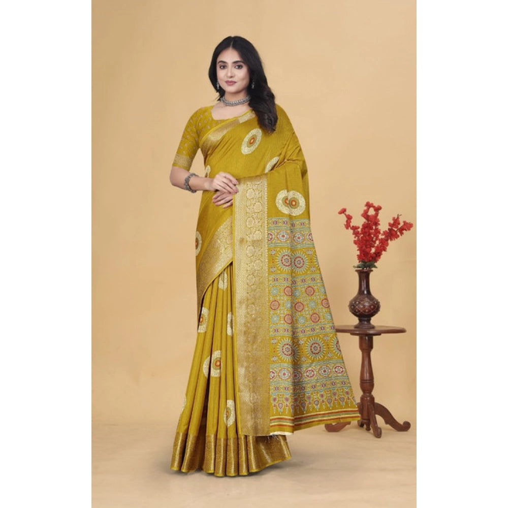 Generic Women's Art Silk Printed Saree With Unstitched Blouse 5.5Mtr (Mustard)