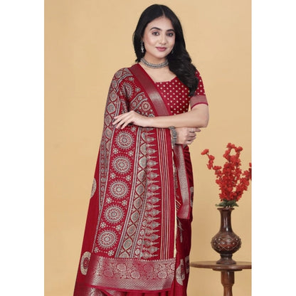 Generic Women's Art Silk Printed Saree With Unstitched Blouse 5.5Mtr (Red)