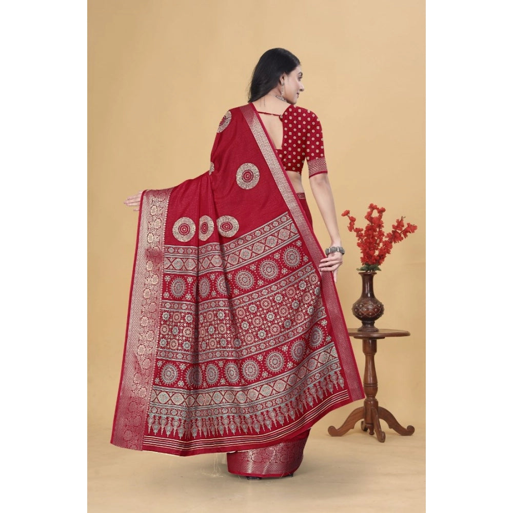 Generic Women's Art Silk Printed Saree With Unstitched Blouse 5.5Mtr (Red)